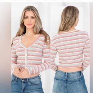 Cropped Stripe Cardi Top Faux Button Front V-Neckline FP NEW!